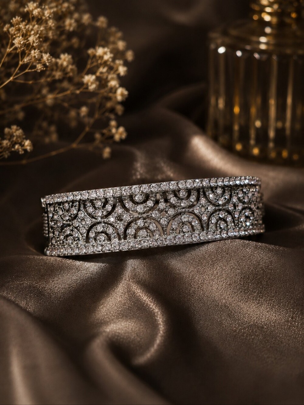 Art Deco Revival Rhinestone Hinged Cuff Bracelet | Silver Tone Statement Clamper